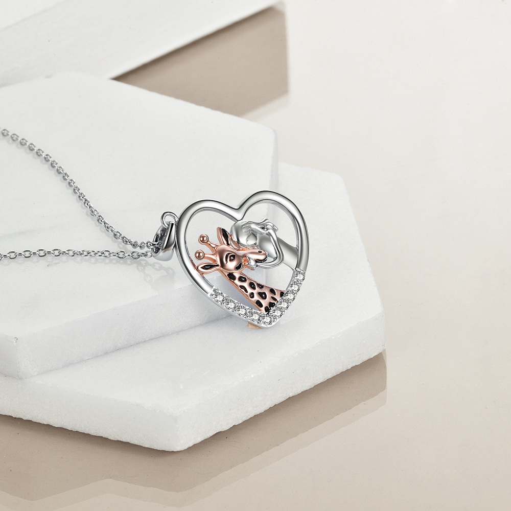 Sterling Silver Two-tone Cubic Zirconia Giraffe & Heart Pendant Necklace-5