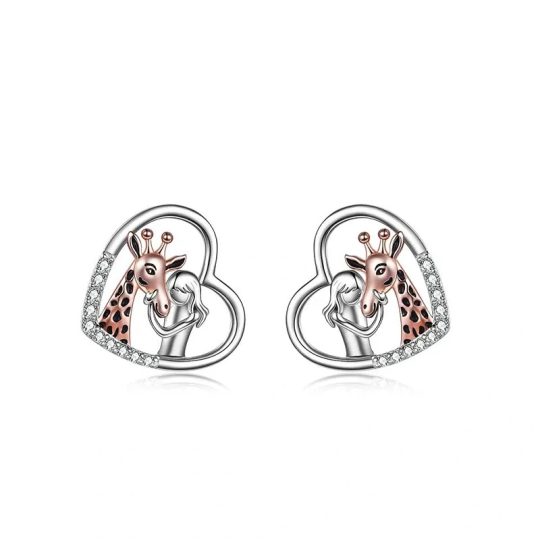 Boucles d'oreilles en argent sterling bicolore Girafe et coeur en zircon cubique