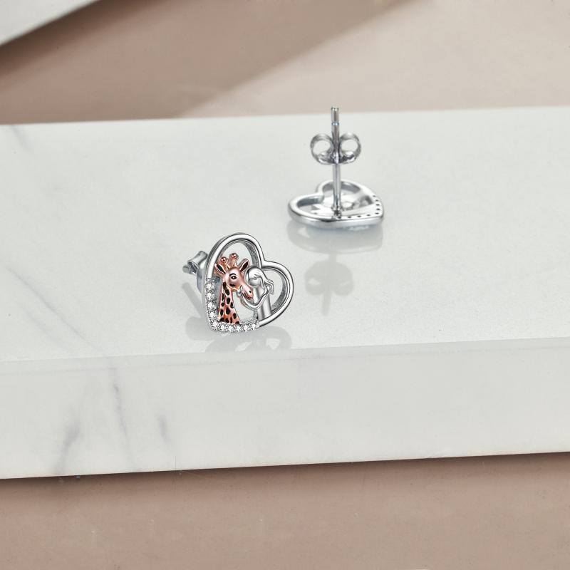 Sterling Silver Two-tone Cubic Zirconia Giraffe & Heart Stud Earrings-4