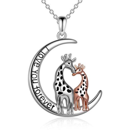 Sterling Silver Two-tone Giraffe & Moon Pendant Necklace