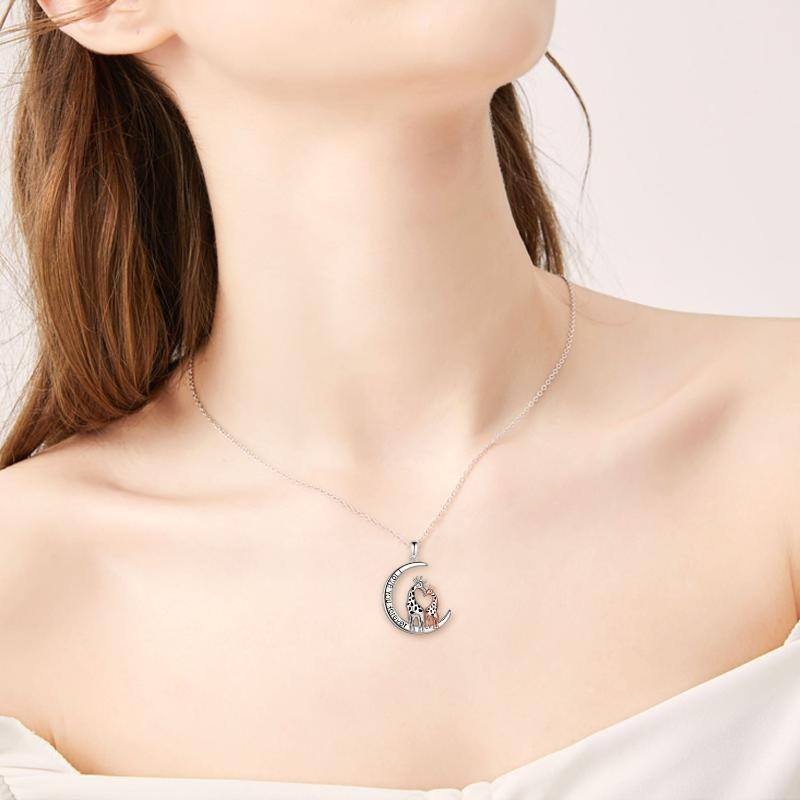 Collier en argent sterling avec pendentif girafe et lune bicolore-2