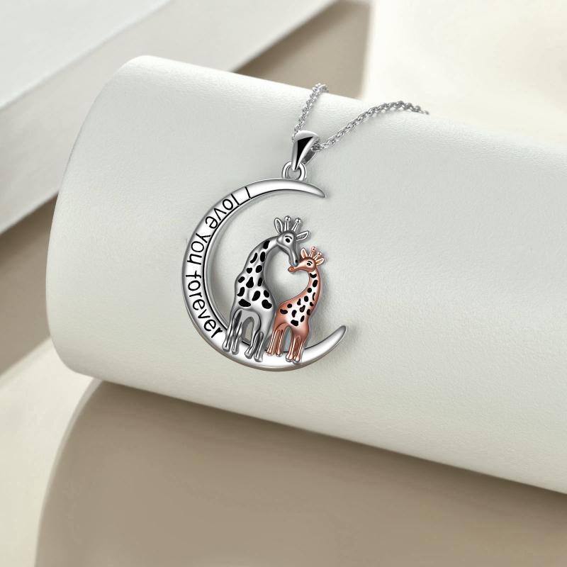 Sterling Silver Two-tone Giraffe & Moon Pendant Necklace-3