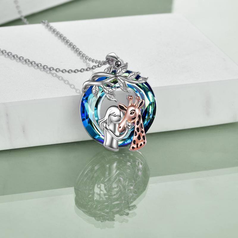 Sterling Silver Two-tone Giraffe & Tree Of Life Crystal Pendant Necklace-4