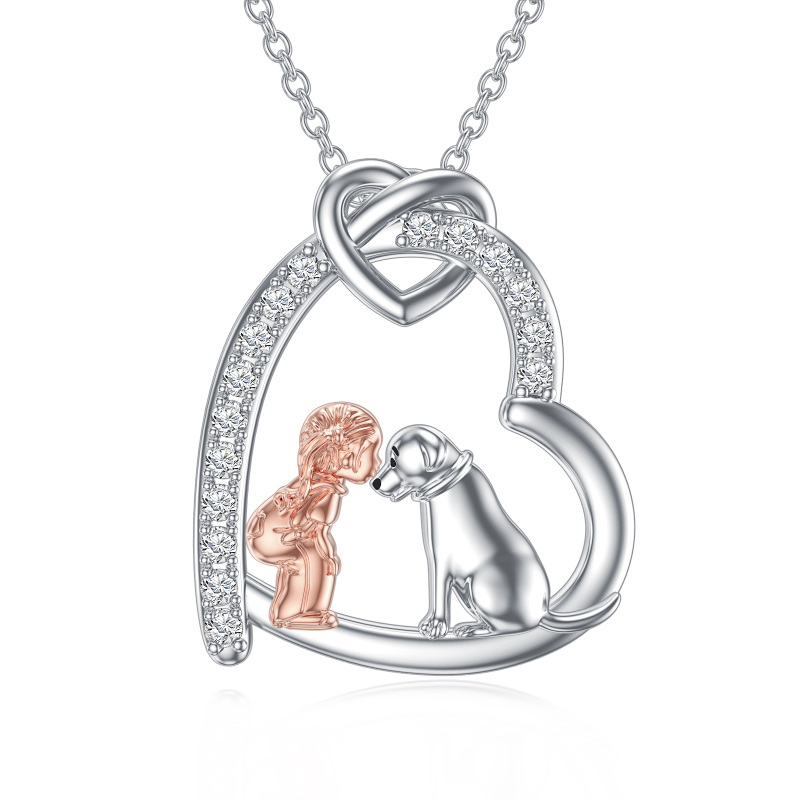 Sterling Silver Two-tone Zirconia Girl & Dog Love Knot Heart Pendant Necklace-13