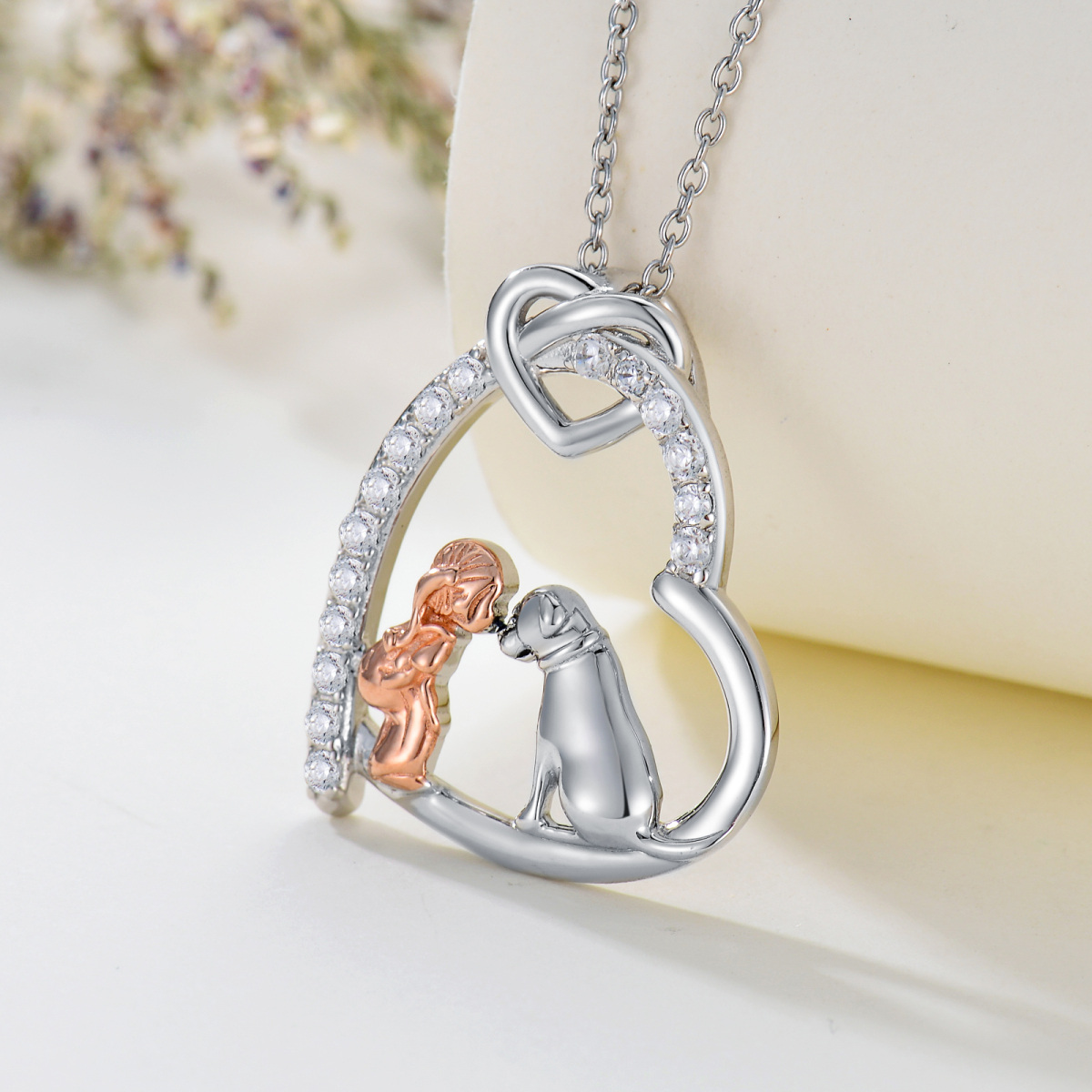 Sterling Silver Two-tone Zirconia Girl & Dog Love Knot Heart Pendant Necklace-5