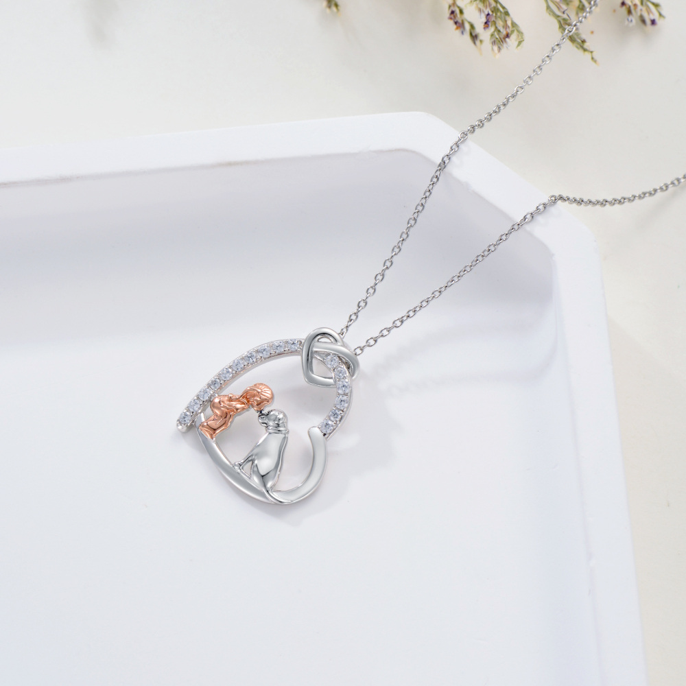 Sterling Silver Two-tone Zirconia Girl & Dog Love Knot Heart Pendant Necklace-6