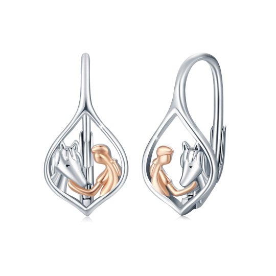 Sterling Silver Two-tone Girl & Horse Marquise Lever-back Earrings