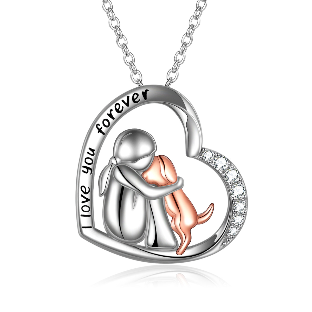 Sterling Silver Two-tone Cubic Zirconia Girl Hugs Dog Heart Pendant Necklace with Engraved Word-1