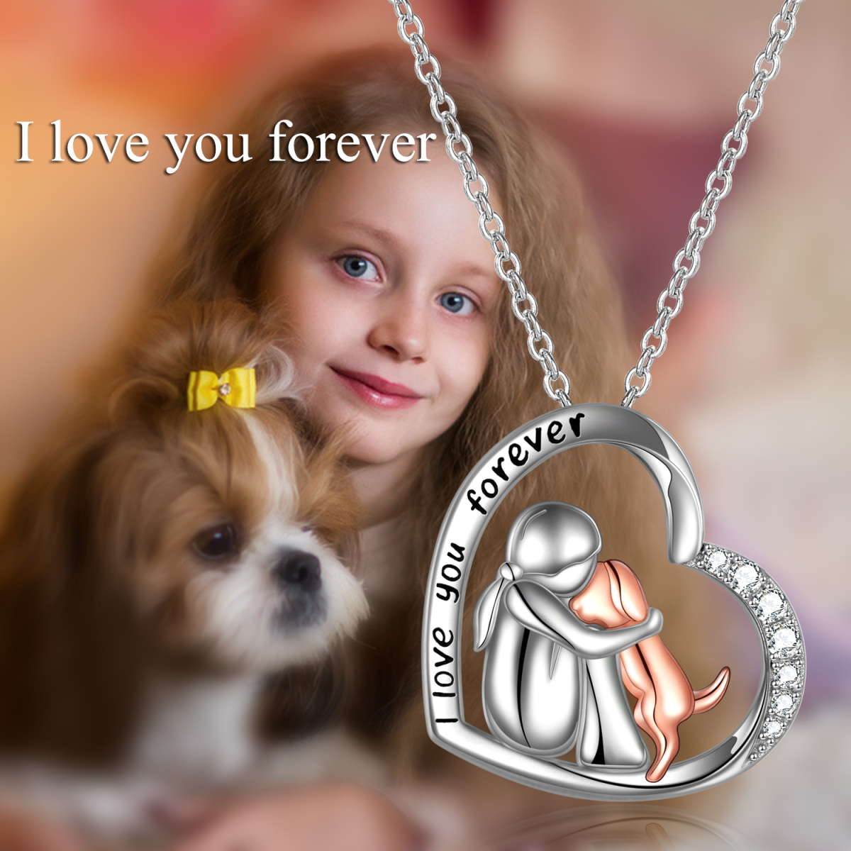 Sterling Silver Two-tone Cubic Zirconia Girl Hugs Dog Heart Pendant Necklace with Engraved Word-2