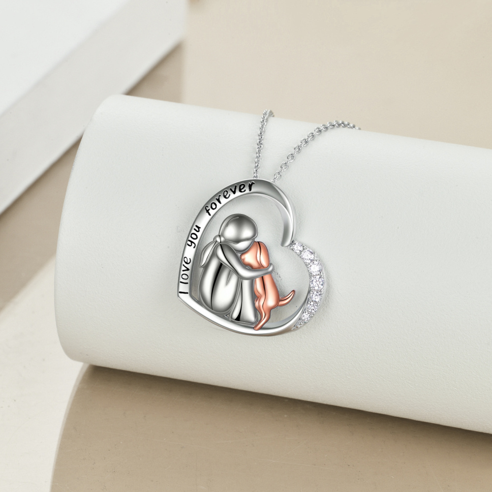 Sterling Silver Two-tone Cubic Zirconia Girl Hugs Dog Heart Pendant Necklace with Engraved Word-4
