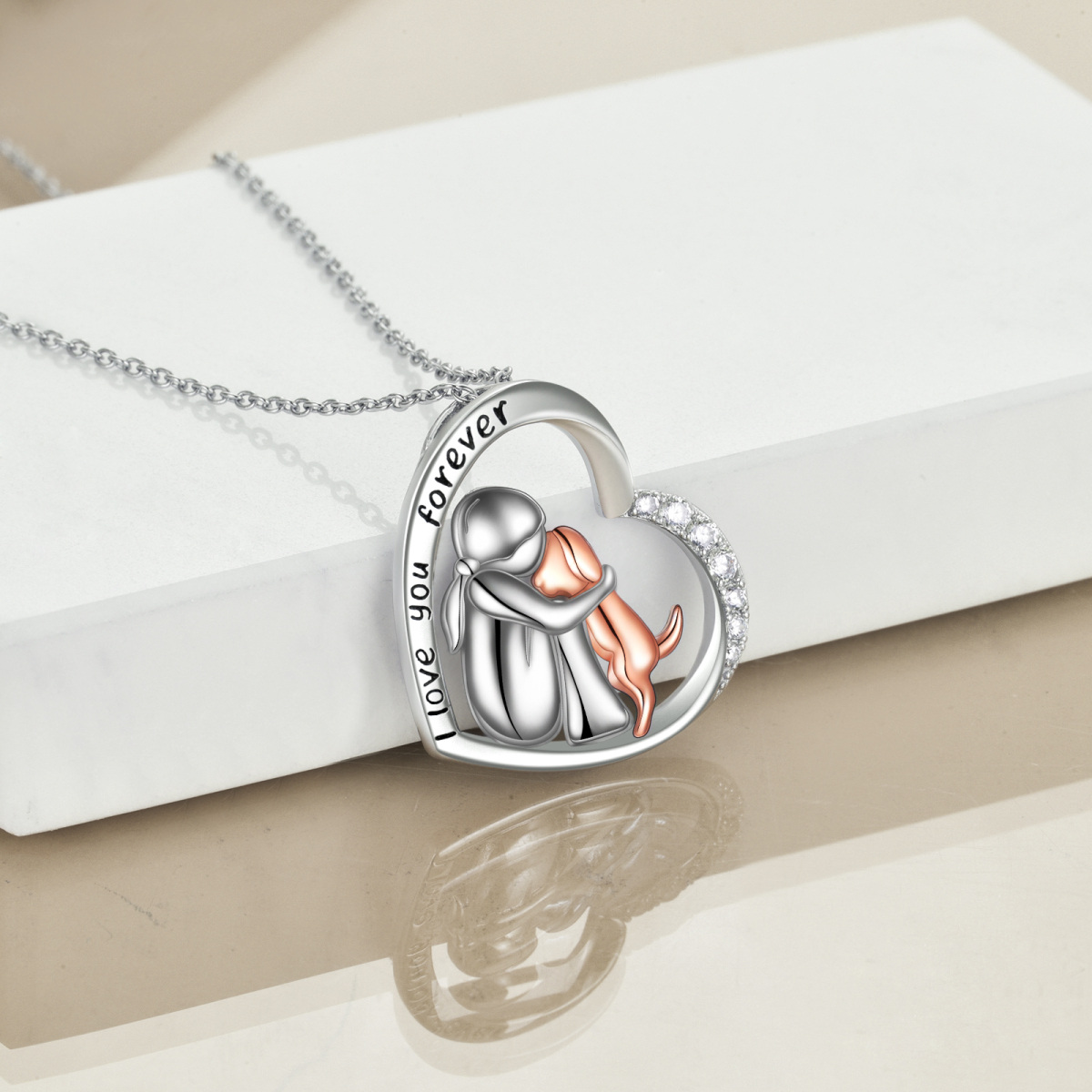 Sterling Silver Two-tone Cubic Zirconia Girl Hugs Dog Heart Pendant Necklace with Engraved Word-5