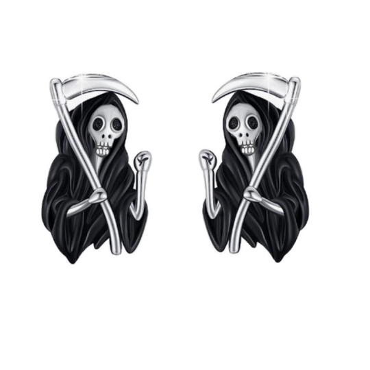 Sterling Silver Two-tone Grim Reaper Stud Earrings