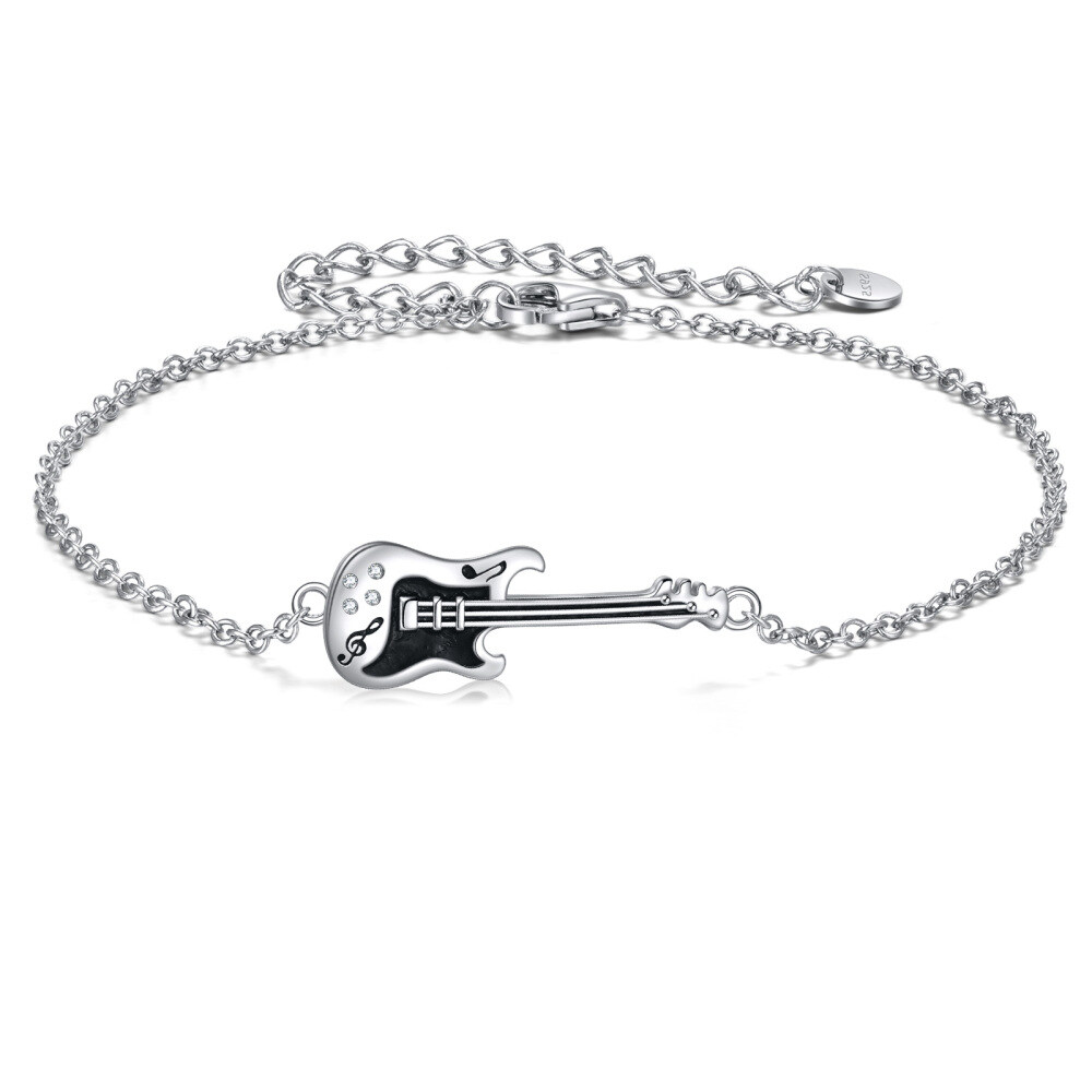 Pulseira com pingente de guitarra de zircônia cúbica de dois tons em prata esterlina-1