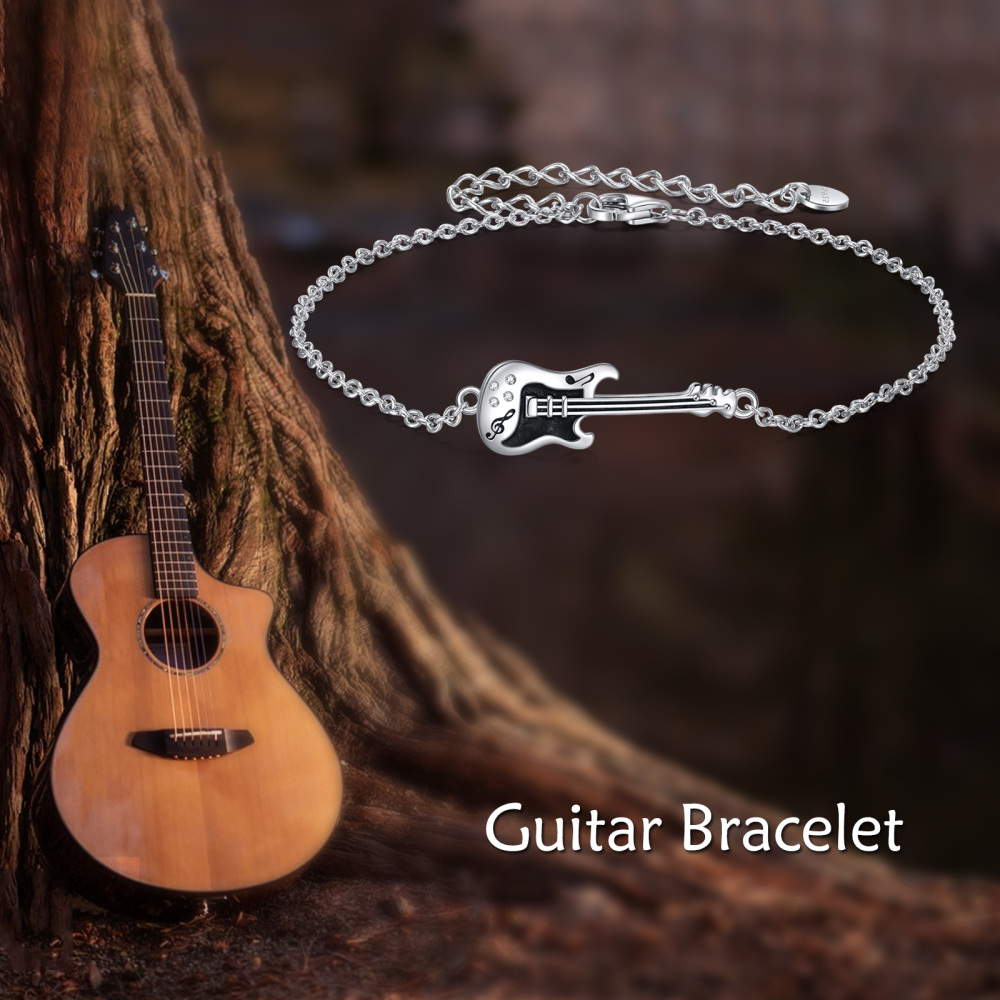 Pulseira com pingente de guitarra de zircônia cúbica de dois tons em prata esterlina-3