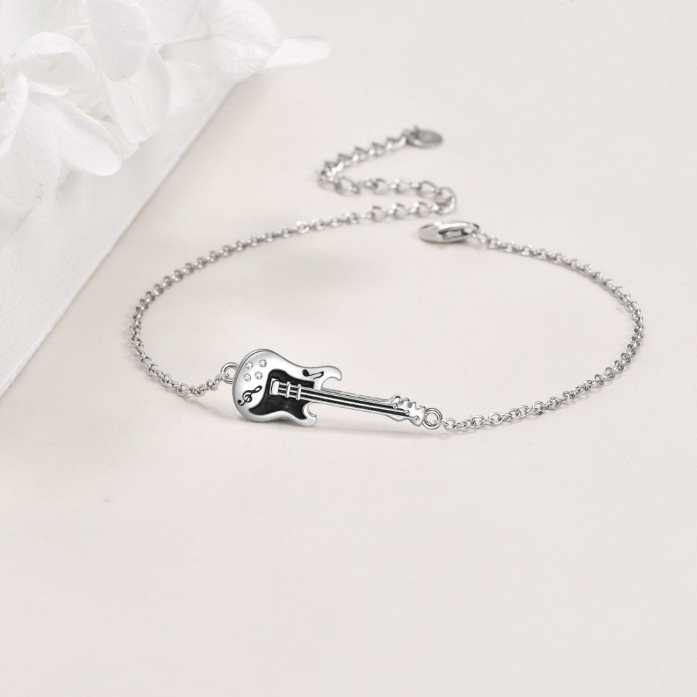 Pulseira com pingente de guitarra de zircônia cúbica de dois tons em prata esterlina-4