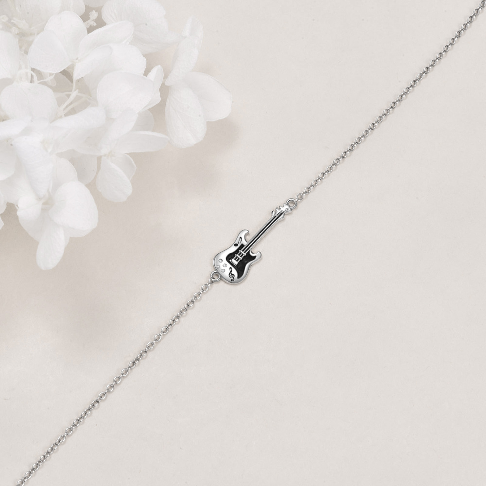 Pulseira com pingente de guitarra de zircônia cúbica de dois tons em prata esterlina-5
