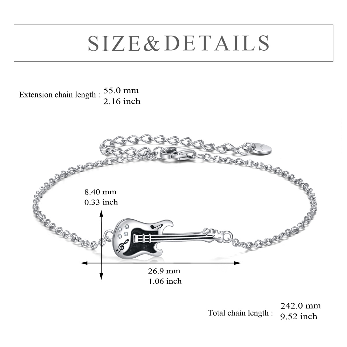 Sterling Silver Two-tone Cubic Zirconia Guitar Charm Bracelet-6