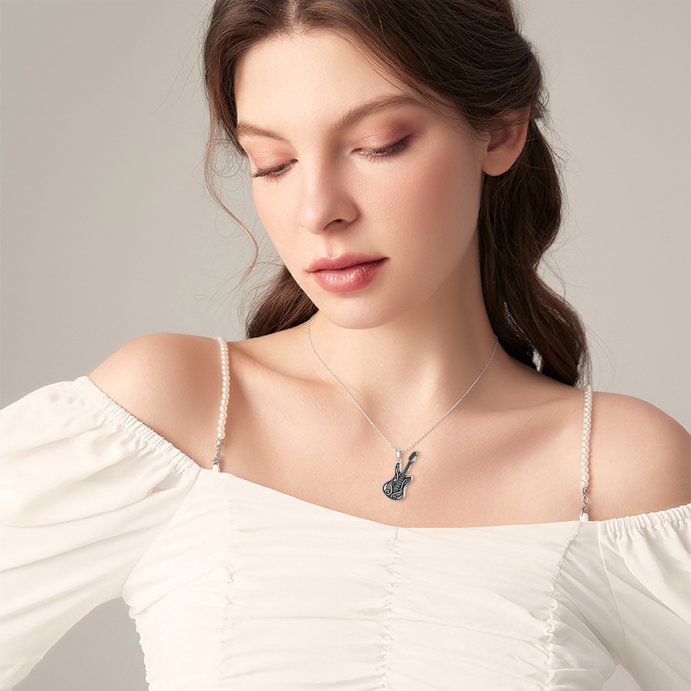 Sterling zilveren zwarte gitaar Angel Wing Urn ketting voor as-2