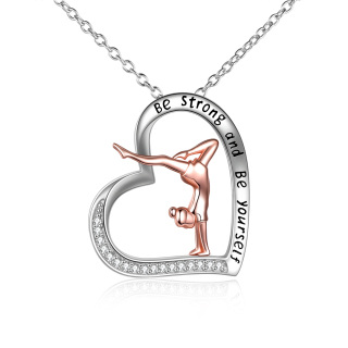 Sterling Silver Two-tone Cubic Zirconia Gymnastics & Heart Pendant Necklace with Engraved Word-59