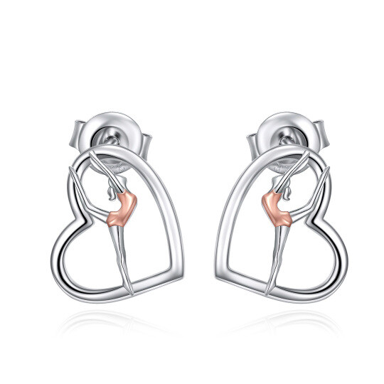 Sterling Silver Two-tone Gymnastics & Heart Stud Earrings