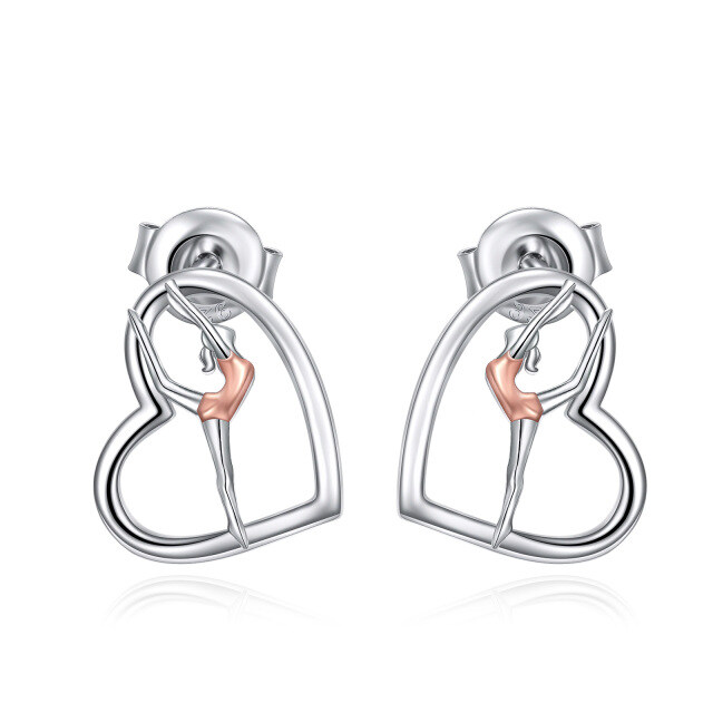 Sterling Silver Two-tone Gymnastics & Heart Stud Earrings-2