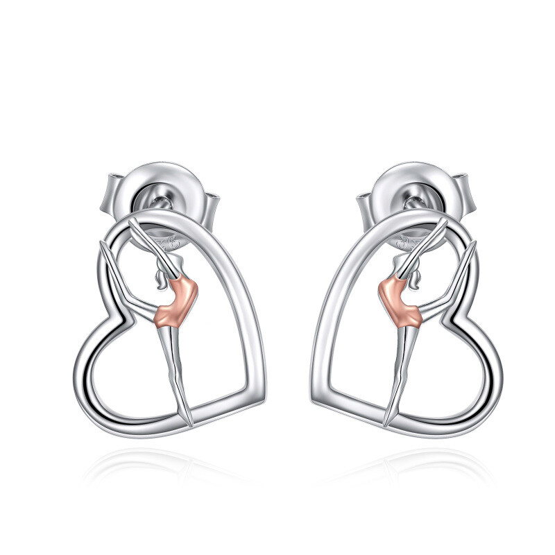 Sterling Silver Two-tone Gymnastics & Heart Stud Earrings-17
