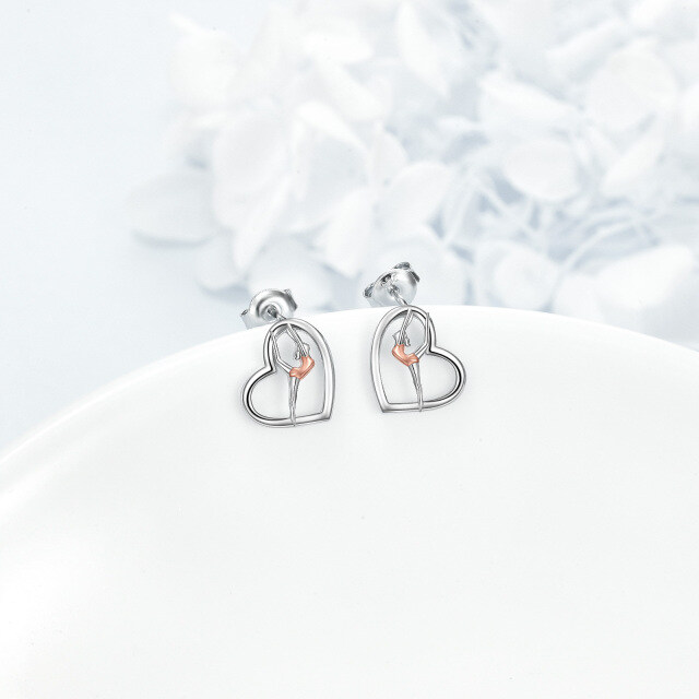 Sterling Silver Two-tone Gymnastics & Heart Stud Earrings-3