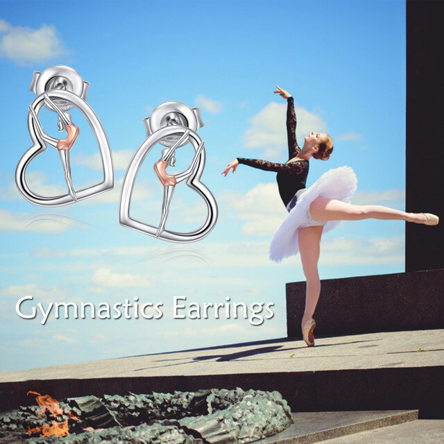 Sterling Silver Two-tone Gymnastics & Heart Stud Earrings-6