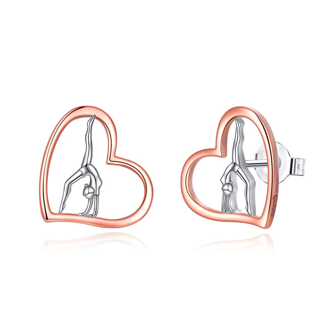 Sterling Silver Two-tone Gymnastics & Heart Stud Earrings-3