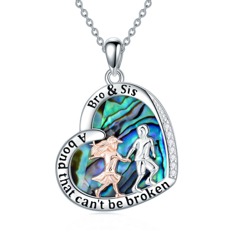 Sterling Silver Two-tone Heart Abalone Shellfish Brother And Sister Pendant Necklace with Engraved Word-13