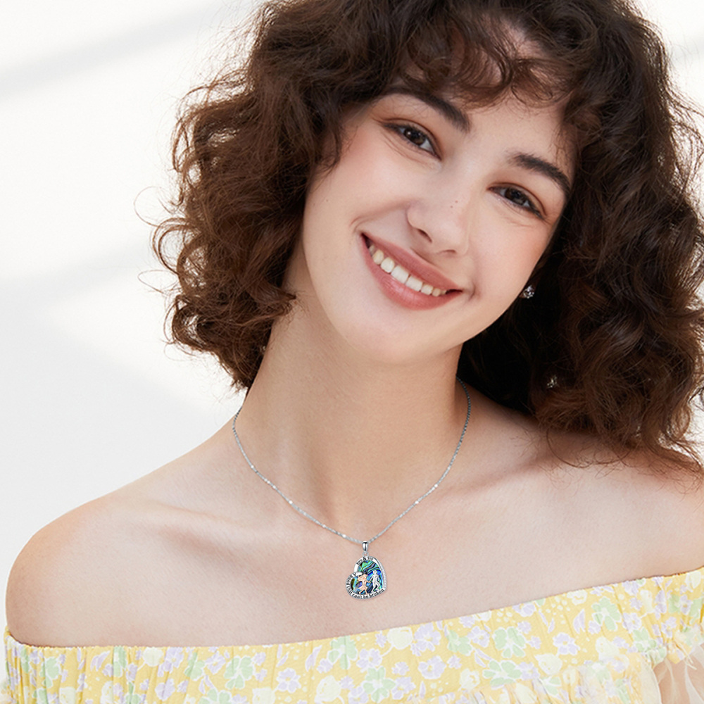Sterling Silver Two-tone Heart Abalone Shellfish Brother And Sister Pendant Necklace with Engraved Word-2