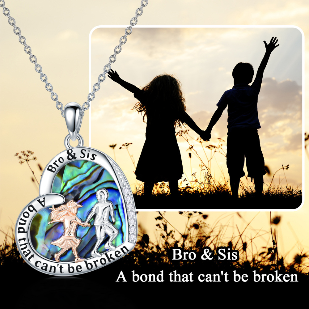 Sterling Silver Two-tone Heart Abalone Shellfish Brother And Sister Pendant Necklace with Engraved Word-3