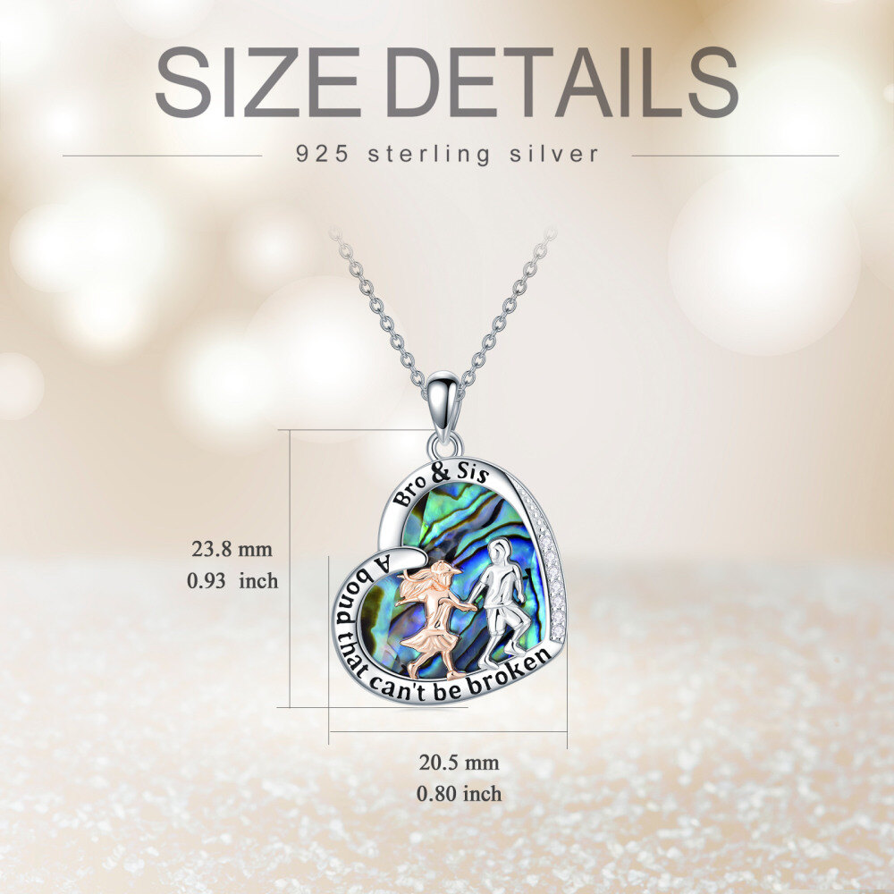 Sterling Silver Two-tone Heart Abalone Shellfish Brother And Sister Pendant Necklace with Engraved Word-4