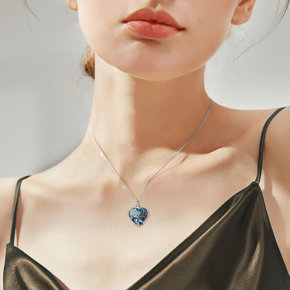 Sterling Silver Two-tone Heart Abalone Shellfish Dragon Urn Necklace for Ashes with Engraved Word-2