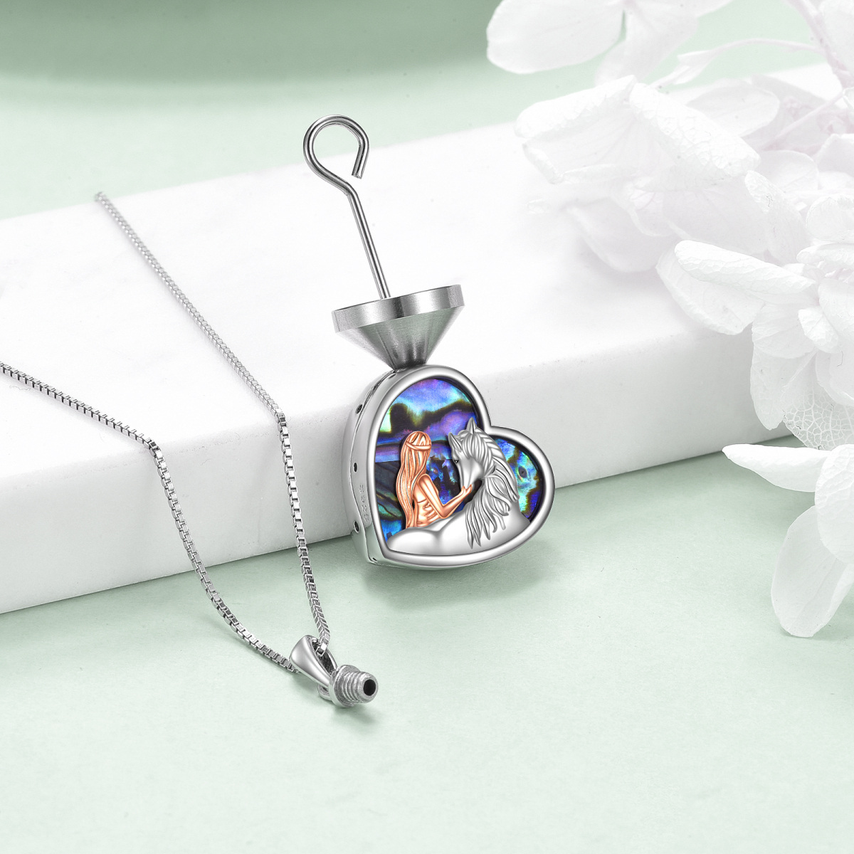 Sterling Silver Two-Tone Heart Abalone Shellfish Horse Urn Necklace For Ashes For Women-3