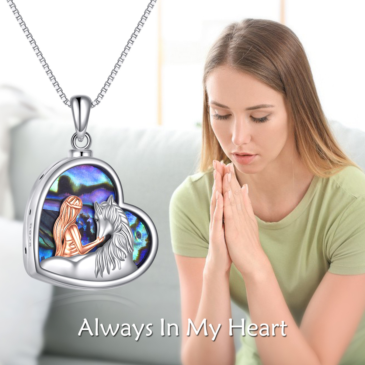 Sterling Silver Two-Tone Heart Abalone Shellfish Horse Urn Necklace For Ashes For Women-6