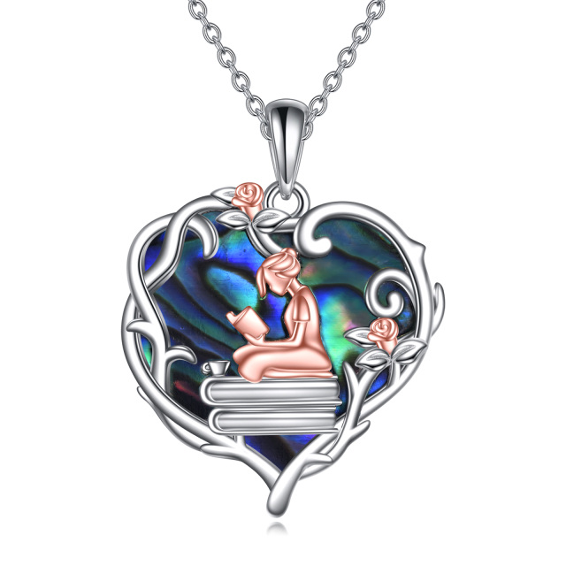 Sterling Silver Two-tone Heart Abalone Shellfish Rose & Heart Pendant Necklace-1