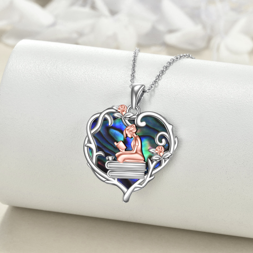 Sterling zilveren tweekleurige hart Abalone Rose & hart hanger ketting-3