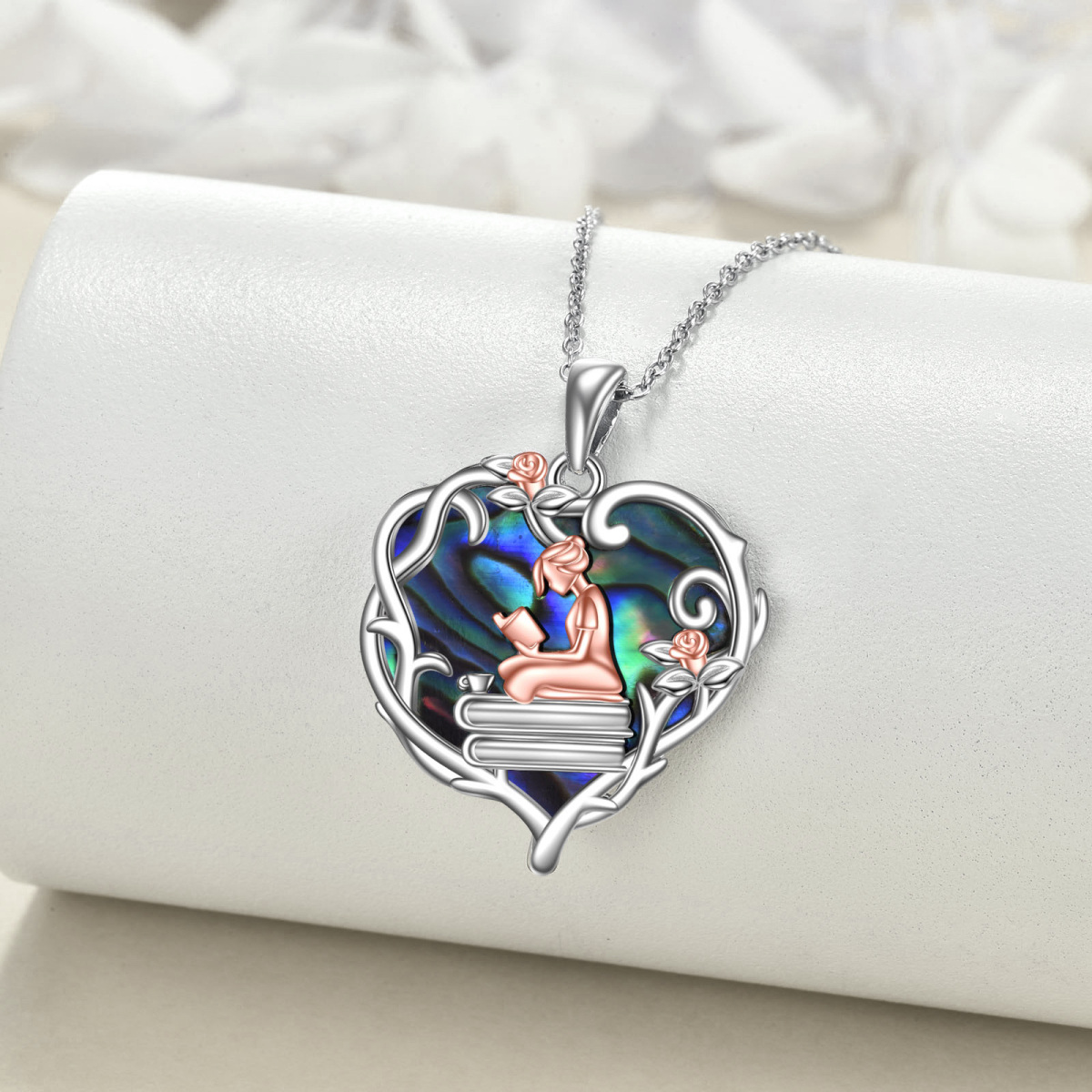 Sterling Silver Two-tone Heart Abalone Shellfish Rose & Heart Pendant Necklace-3