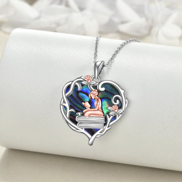 Collana con ciondolo a forma di cuore e rosa di conchiglia Abalone in argento sterling bicolore-3