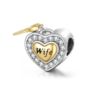 Sterling Silver Two-tone Cubic Zirconia Heart Bead Charm with Engraved Word-3
