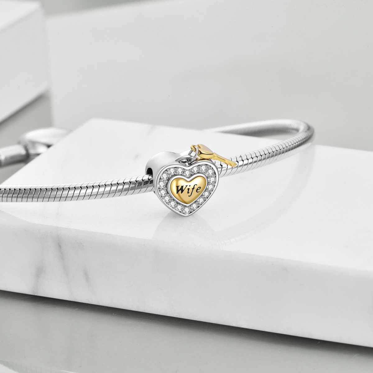 Sterling Silver Two-tone Cubic Zirconia Heart Bead Charm with Engraved Word-3