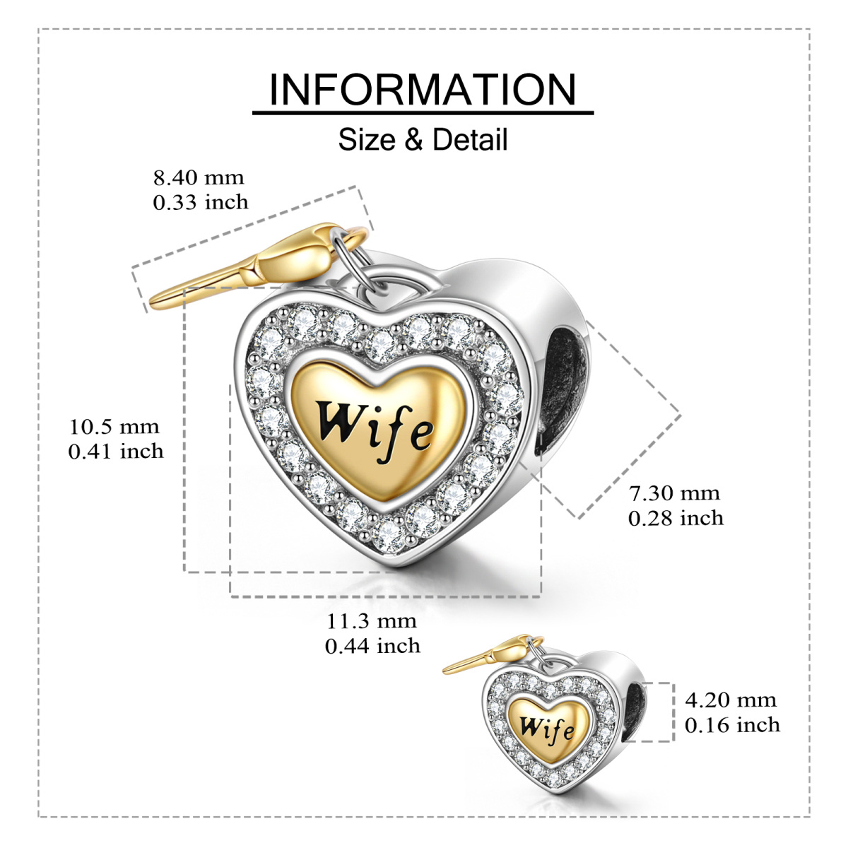 Sterling Silver Two-tone Cubic Zirconia Heart Bead Charm with Engraved Word-5