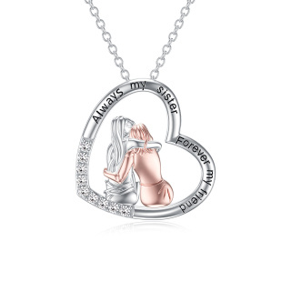 Sterling Silver Two-tone Cubic Zirconia Heart Best Sisters Pendant Necklace with Engraved Word-2