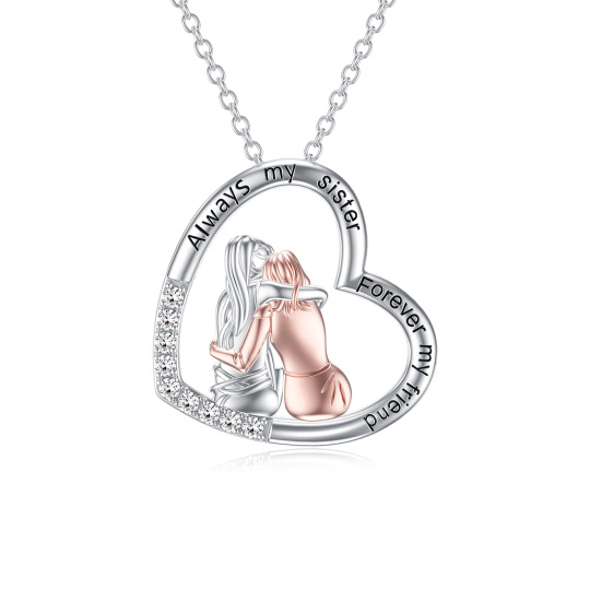 Sterling Silver Two-tone Cubic Zirconia Heart Best Sisters Pendant Necklace with Engraved Word