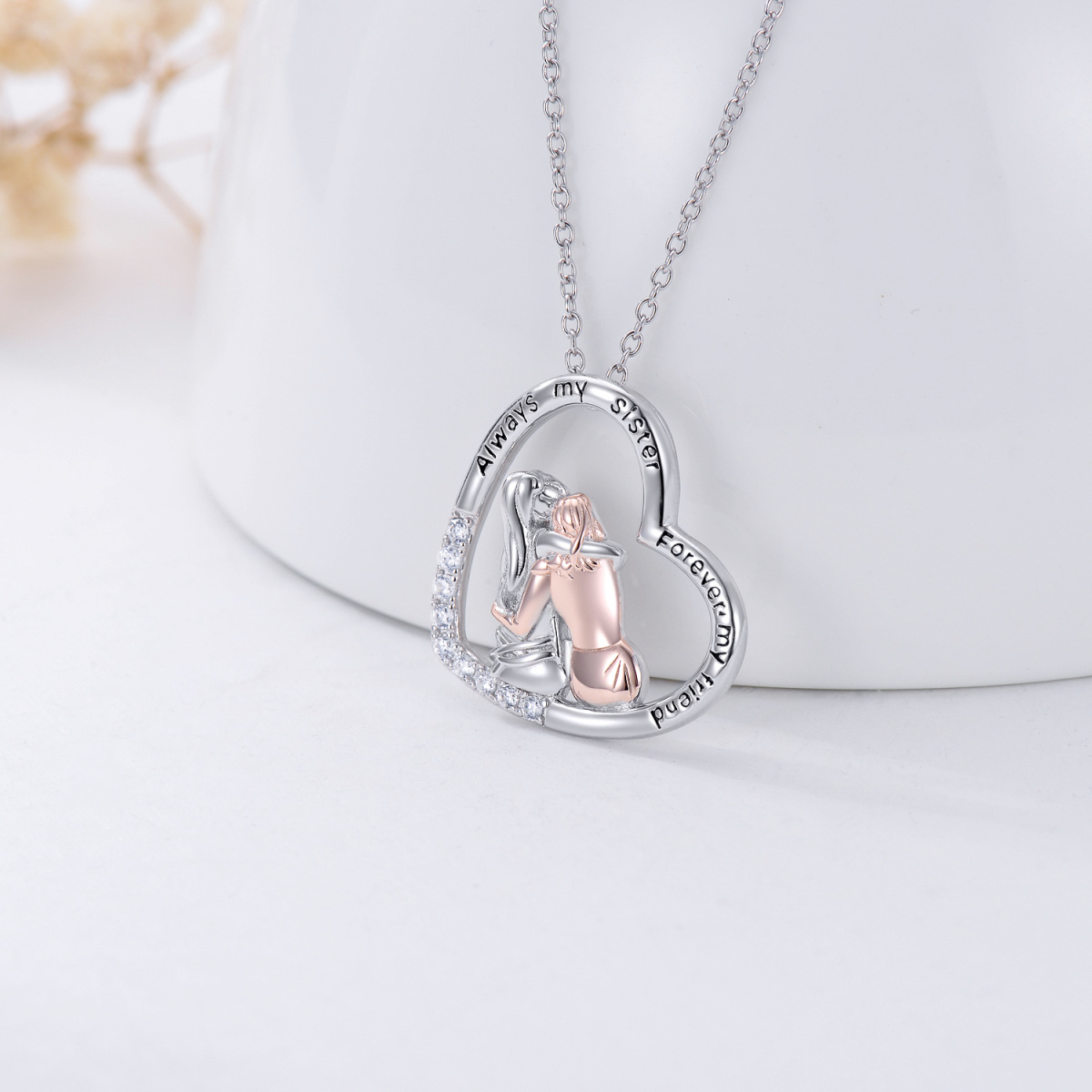 Collier en argent sterling bicolore avec pendentif cœur en zircon cubique Best Sisters et mot gravé-4