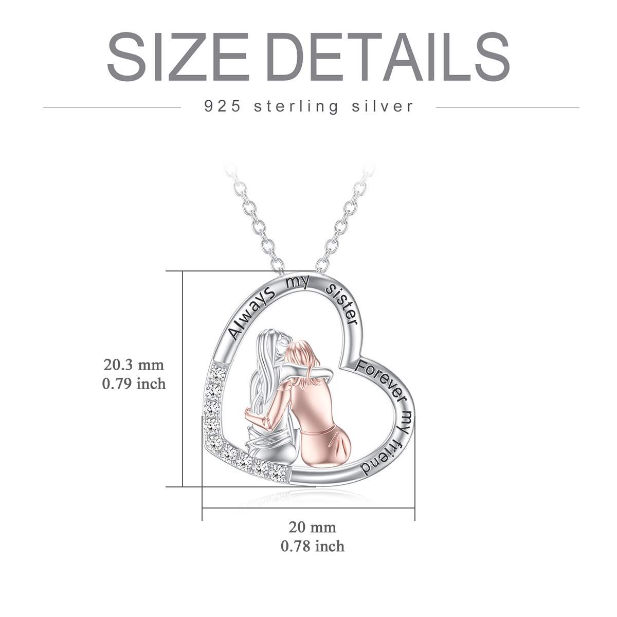 Sterling Silber zweifarbig Cubic Zirkonia Herz beste Schwestern Anhänger Halskette mit eingraviertem Wort-6