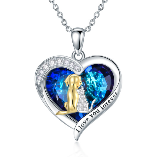 Collana da donna con pendente a forma di gatto e cane in argento sterling bicolore con cristallo a cuore e zirconi