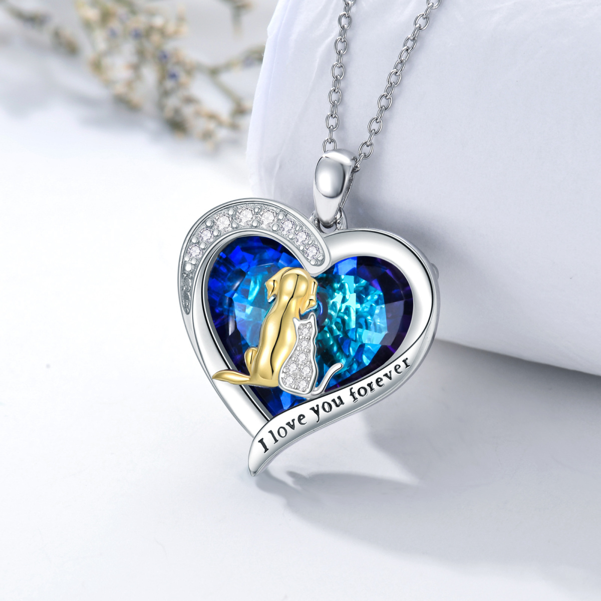 Sterling Silver Two-Tone Heart Crystal With Zircon Cat & Dog Pendant Necklace For Women-3