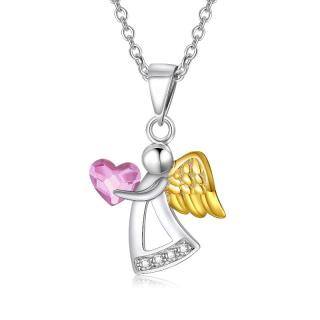 Sterling Silver Two-tone Crystal Angel & Heart Necklace for Women-5